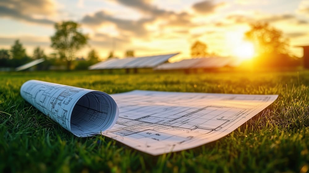 Ein Bauplan liegt bei einem schönen Sonnenuntergang auf einer Wiese Ein Bauplan liegt bei einem schönen Sonnenuntergang auf einer Wiese