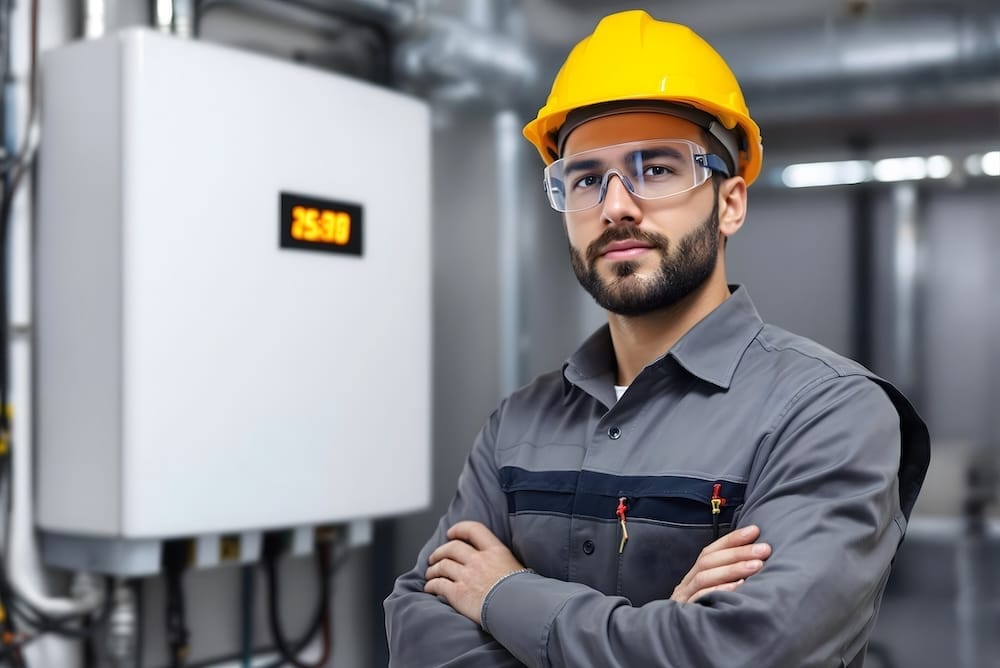 Ein junger Mann mit Bauhelm und Arbeitskleidung steht in einem Keller vor einem Wechselrichter Ein junger Mann mit Bauhelm und Arbeitskleidung steht in einem Keller vor einem Wechselrichter
