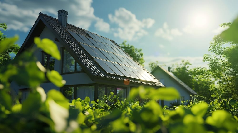Ein Einfamilienhaus im Grünen mit einer PV-Anlage auf dem Dach Ein Einfamilienhaus im Grünen mit einer PV-Anlage auf dem Dach