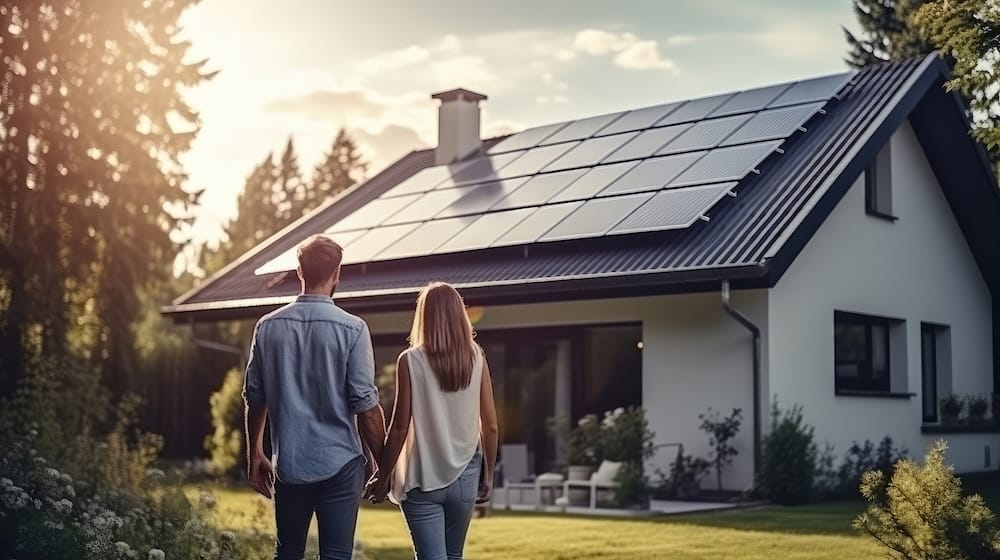 Ein junges Paar steht vor seinem Haus mit einer PV-Anlage auf dem Dach Ein junges Paar steht vor seinem Haus mit einer PV-Anlage auf dem Dach